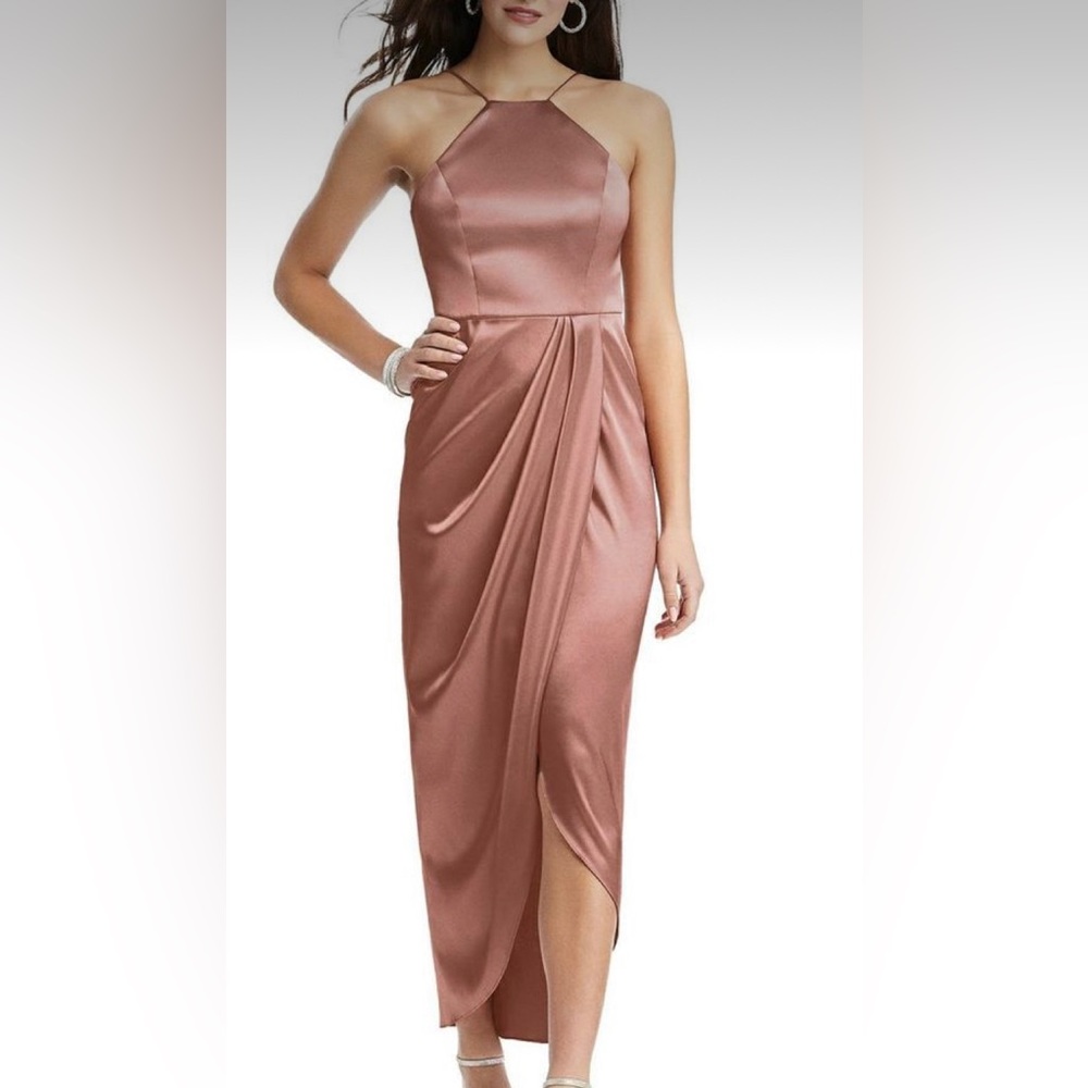After Six Halter Midi Dress with Draped Tulip Skirt 10 Desert Rose Pink